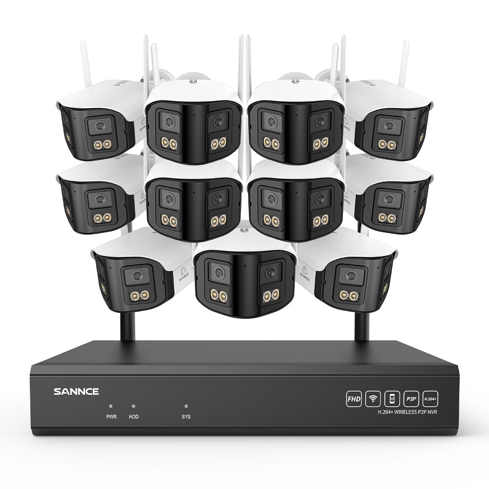 4MP Système de Surveillance WiFi 16 Canaux, NVR 8MP, 11 Caméras Double Objectif, Angle 170°, Vision Nocturne Couleur, Alexa