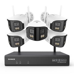 4MP Système de Surveillance WiFi 16 Canaux, NVR 8MP, 5 Caméras Double Objectif, Angle 170°, Vision Nocturne Couleur, Alexa