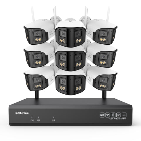 4MP Système de Surveillance WiFi 16 Canaux, NVR 8MP, 9 Caméras Double Objectif, Angle 170°, Vision Nocturne Couleur, Alexa