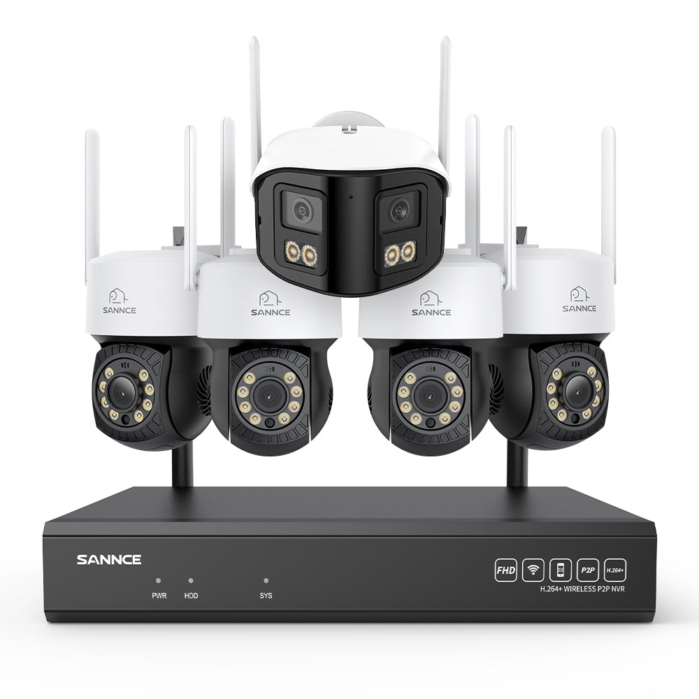 Kit Vidéosurveillance WiFi 5MP 16 Canaux, NVR 8MP, Caméras PT, Détection IA, Audio, Vision Nocturne, Compatible Alexa (4 PT + 1 Double Objectif 4MP)