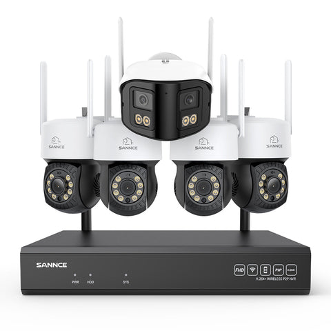 Kit Vidéosurveillance WiFi 5MP 16 Canaux, NVR 8MP, Caméras PT, Détection IA, Audio, Vision Nocturne, Compatible Alexa (4 PT + 1 Double Objectif 4MP)