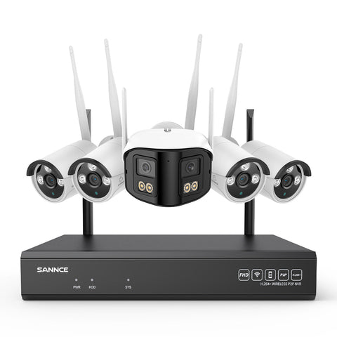 Kit Vidéosurveillance WiFi 5MP, NVR 8MP, 16 Canaux, Caméras IP, Détection IA, Audio, Vision Nocturne, Compatible Alexa (1 Double Objectif 4MP + 4 Caméras 3MP)