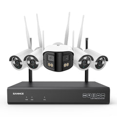 Kit Vidéosurveillance WiFi 5MP, NVR 8MP, 16 Canaux, Caméras IP, Détection IA, Audio, Vision Nocturne, Compatible Alexa (1 Double Objectif 4MP + 4 Caméras 3MP)