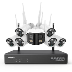 Kit Vidéosurveillance WiFi 5MP, NVR 8MP, 16 Canaux, Caméras IP, Détection IA, Audio, Vision Nocturne, Compatible Alexa (1 Double Objectif 4MP + 6 Caméras 3MP)