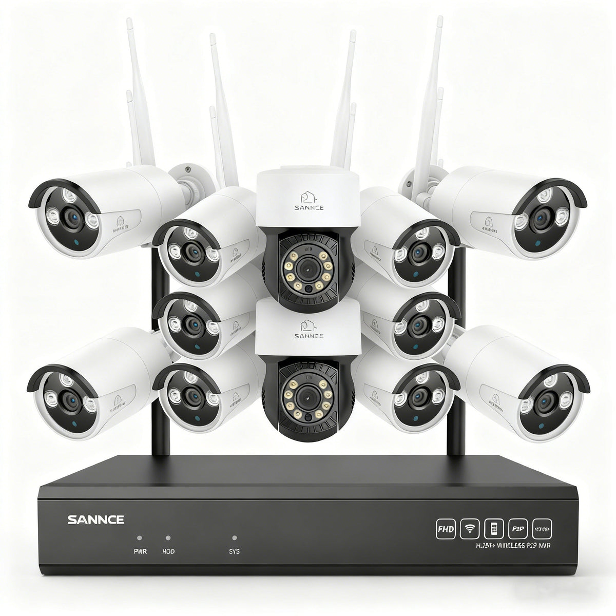 Système de vidéosurveillance sans fil 5MP à 16 canaux avec caméras PT, NVR 8MP, caméras IP WiFi 5MP Pan & Tilt, enregistrement audio, détection humaine par IA, compatible avec Alexa (2 caméras PT, 10 caméras Bullet et NVR 16CH 8MP)