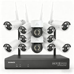 Système de vidéosurveillance sans fil 5MP à 16 canaux avec caméras PT, NVR 8MP, caméras IP WiFi 5MP Pan & Tilt, enregistrement audio, détection humaine par IA, compatible avec Alexa (2 caméras PT, 10 caméras Bullet et NVR 16CH 8MP)
