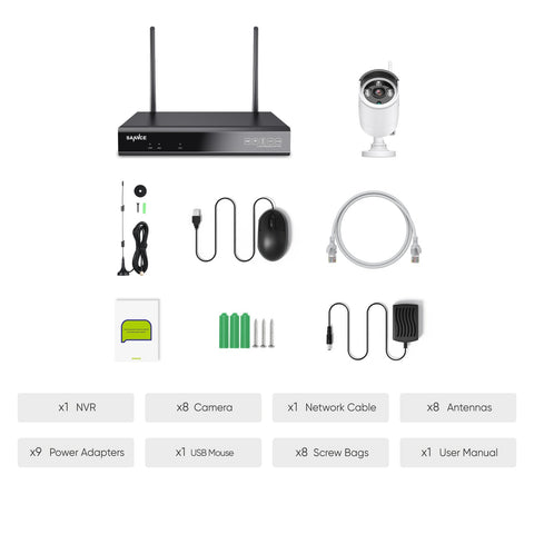 Kit caméra de surveillance sans fil avec enregistrement audio, 8MP 10CH NVR sans fil + 8x3MP 2K caméra de surveillance extérieure sans fil AI Human Detection IP66 étanche supporte Amazon Alexa