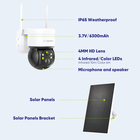 Caméra IP sans fil Panoramique et Inclinaison 4MP - Alimentation sur Batterie/Solaire, Vision Nocturne Couleur, Audio Bidirectionnel, Compatible avec Alexa, Détection de Forme Humaine par PIR