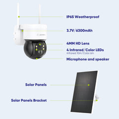 Caméra IP sans fil Panoramique et Inclinaison 4MP - Alimentation sur Batterie/Solaire, Vision Nocturne Couleur, Audio Bidirectionnel, Compatible avec Alexa, Détection de Forme Humaine par PIR