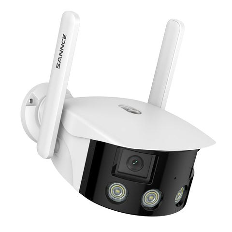 Certifié remis à neuf Caméra de Sécurité Extérieure Panoramique WiFi - Double Objectif, 2K 4MP, 180°, Vision Nocturne Couleur, Compatible Alexa & Google