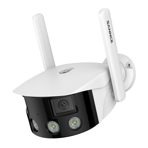 Certifié remis à neuf Caméra de Sécurité Extérieure Panoramique WiFi - Double Objectif, 2K 4MP, 180°, Vision Nocturne Couleur, Compatible Alexa & Google