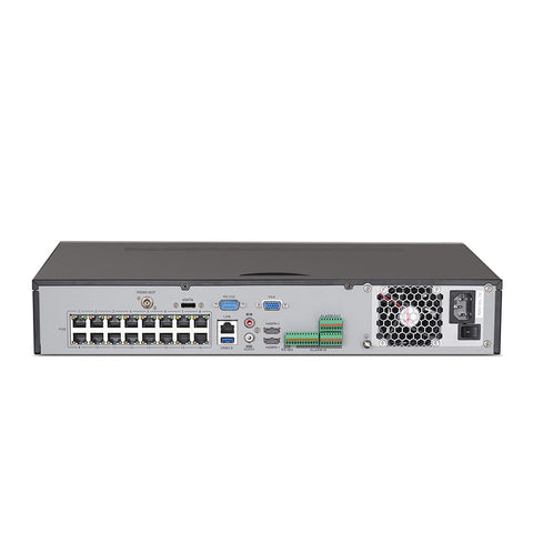 4K 32 canaux PoE NVR Recorder avec 16 ports PoE, résolution vidéo jusqu'à 12MP, H.265+, 4 baies pour disques durs, recherche intelligente d'analyse du contenu vidéo, détection de la température