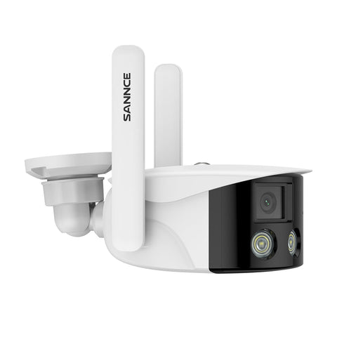 Certifié remis à neuf Caméra de Sécurité Extérieure Panoramique WiFi - Double Objectif, 2K 4MP, 180°, Vision Nocturne Couleur, Compatible Alexa & Google