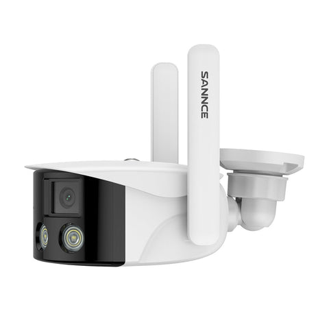 Certifié remis à neuf Caméra de Sécurité Extérieure Panoramique WiFi - Double Objectif, 2K 4MP, 180°, Vision Nocturne Couleur, Compatible Alexa & Google