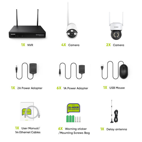 3MP 10 canaux sans fil Système de caméras de vidéosurveillance, 2 PTZ caméras & 4 Bullet caméras , enregistreur NVR 8MP, enregistrement audio, détection humaine IA, compatible avec Alexa
