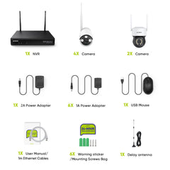 3MP 10 canaux sans fil Système de caméras de vidéosurveillance, 2 PTZ caméras & 4 Bullet caméras , enregistreur NVR 8MP, enregistrement audio, détection humaine IA, compatible avec Alexa