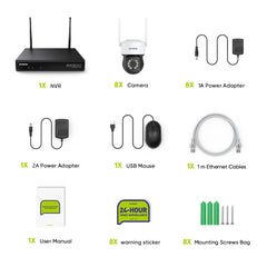 3MP 10 canaux Système de caméra PT CCTV sans fil, NVR 8MP, 8 IP caméras sans fil panoramiques & inclinables, enregistrement audio, détection humaine AI, fonctionne avec Alexa