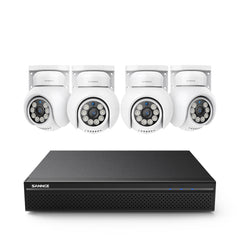 PoE PT 8 Canaux 4K Système de Caméra de Sécurité, 4 Caméras IP Panoramique et Inclinaison 8MP, Alertes Intelligentes Personne/Véhicule, Audio Bidirectionnel, Compatible ONVIF